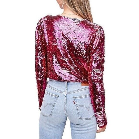 En Saison Womens Size L Bastienne Pink Sequin Bodysuit puffed-sleeve NEW - Picture 2 of 7